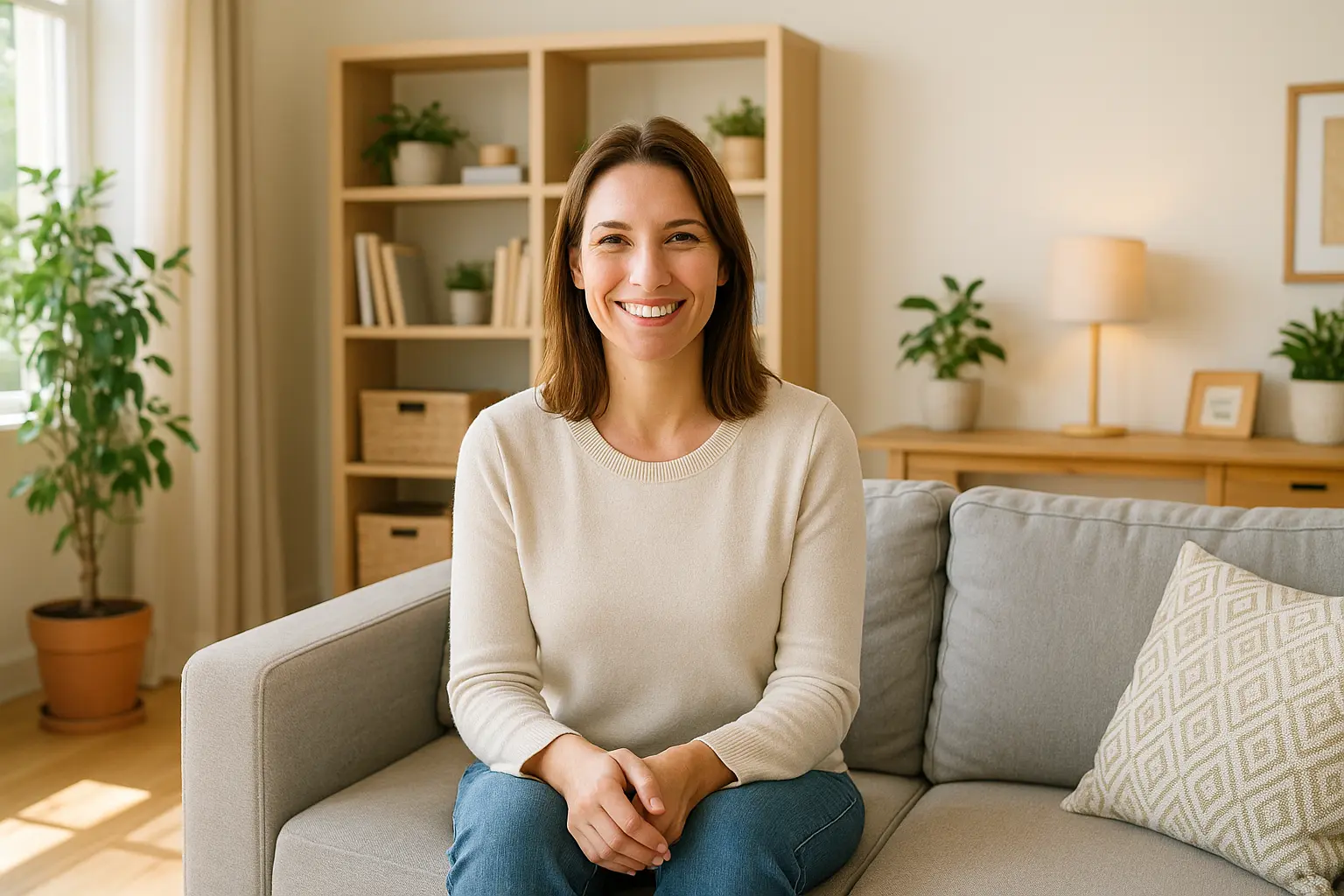Smiling woman sitting in a tidy, organized living room in Encino after ADHD clutter anxiety treatment with APA